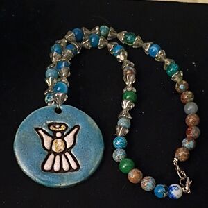 Blue Ceramic Angel Pendant Necklace with Mixed Beads
